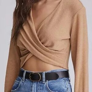 Anthropologie Camel Tan Wrap Crop Top Sweater S